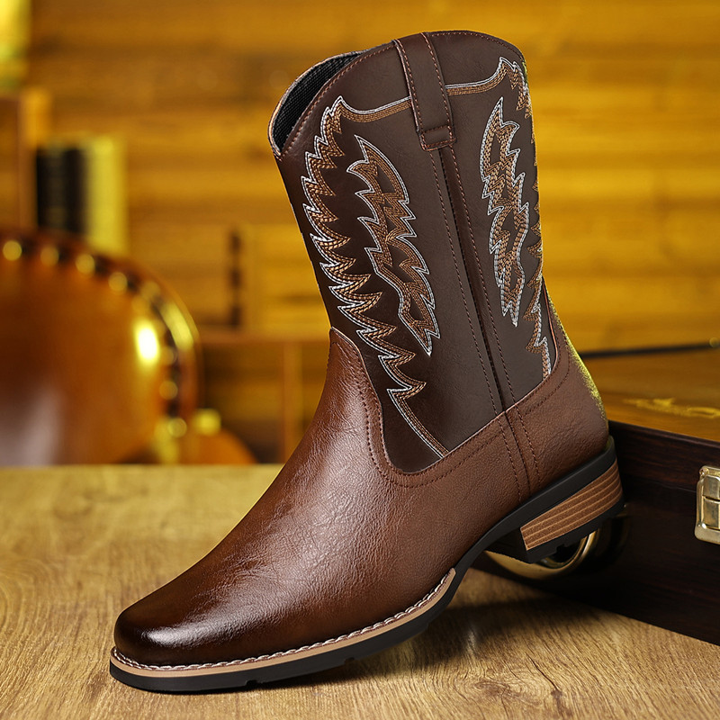 Embroidery On Leather - Men Embroidery Stitching Outdoor Retro Mid-calf