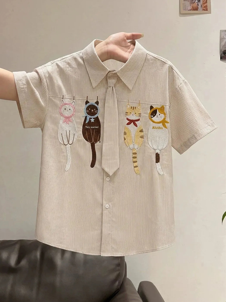 Embroidery On Shirt - Cute Cartoon Tie Shirt Women Loose