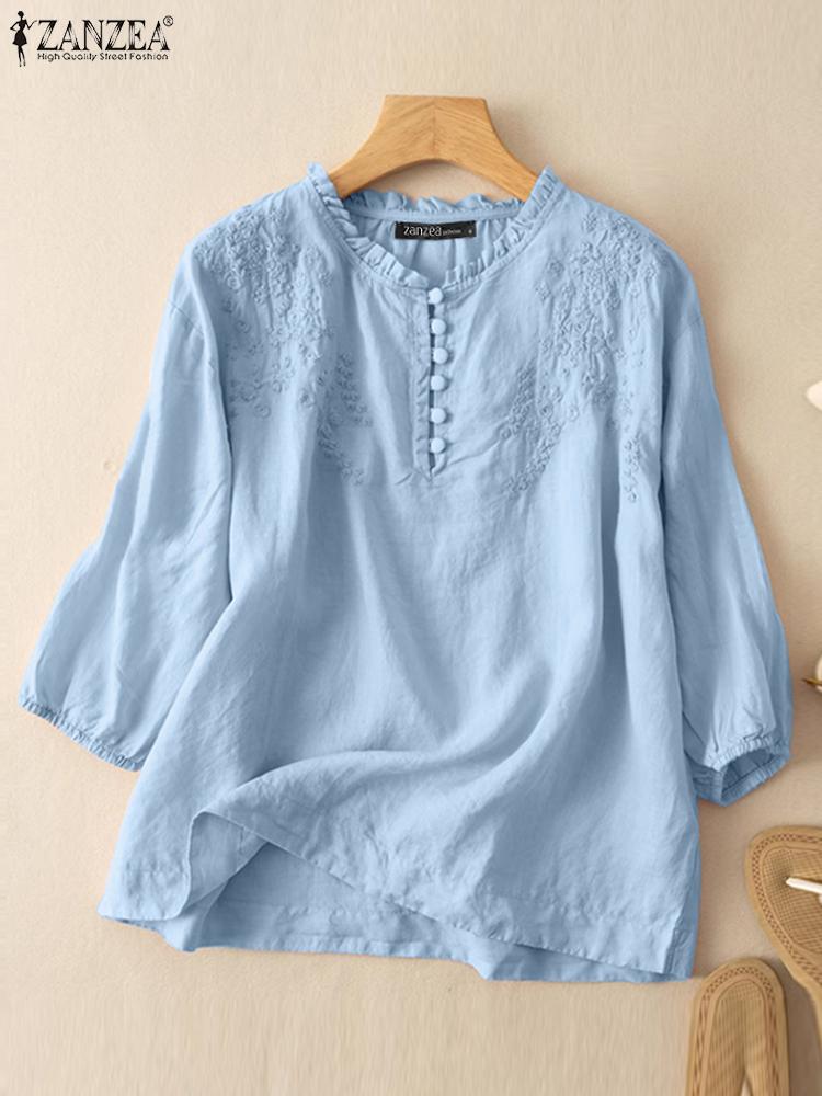Embroidery On Shirt - ZANZEA Summer Vintage Shirts Elegant OL