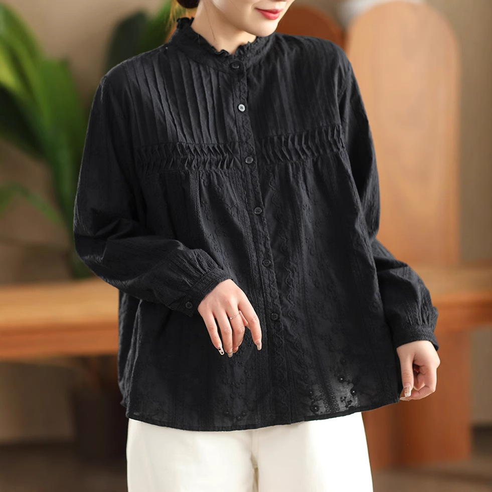 Embroidery On Shirt - Japanese Sweet Mori Girl Solid Color