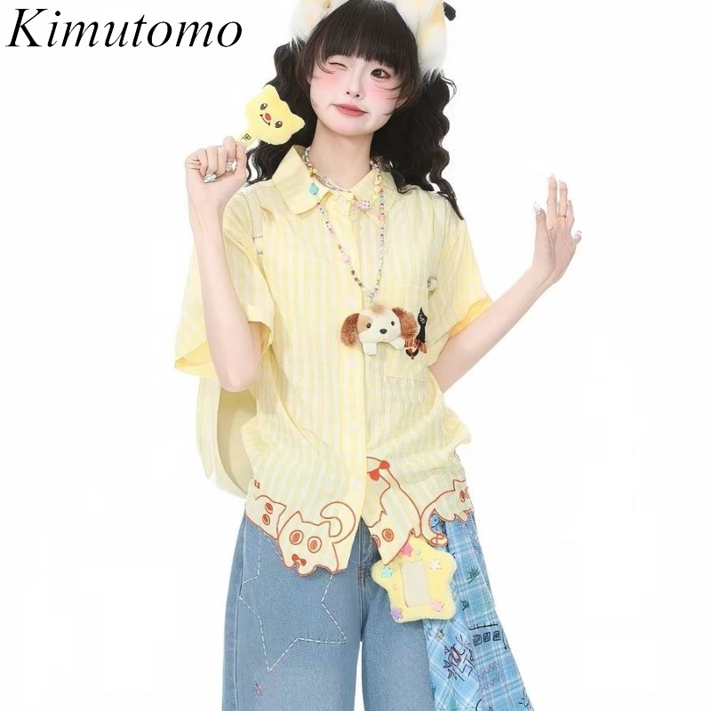 Embroidery On Shirt - Kimutomo Shirts Women Embroidery Cat Plaid