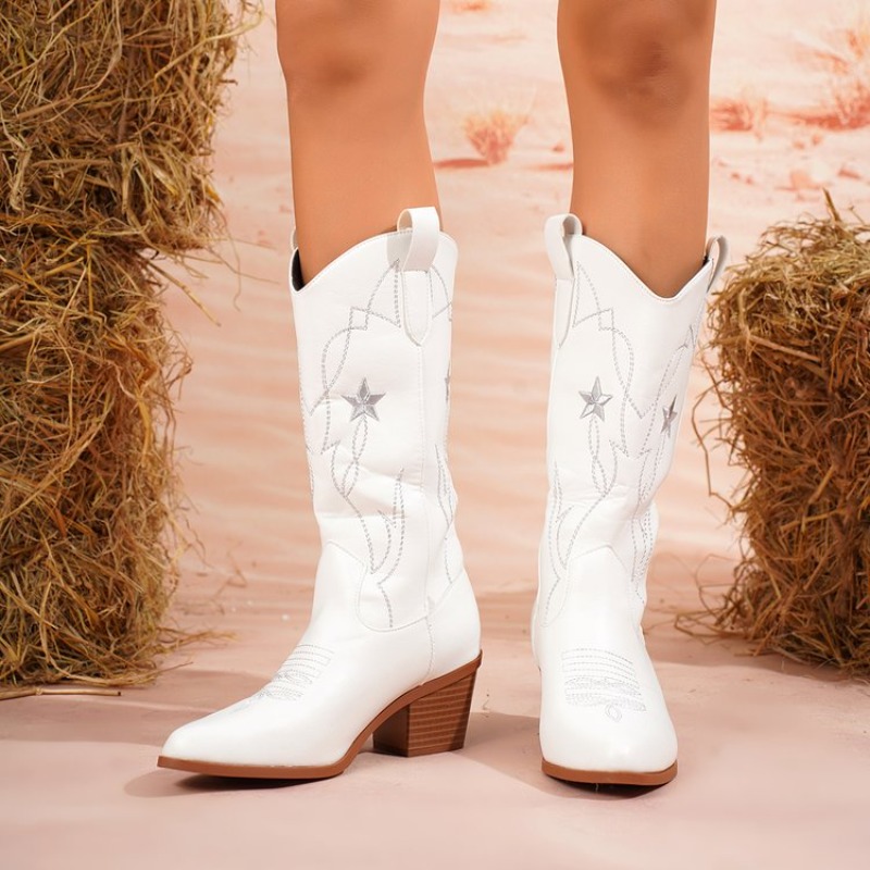 Embroidery On Leather - Women's Boots Mid-Calf Pointed Toe Mid