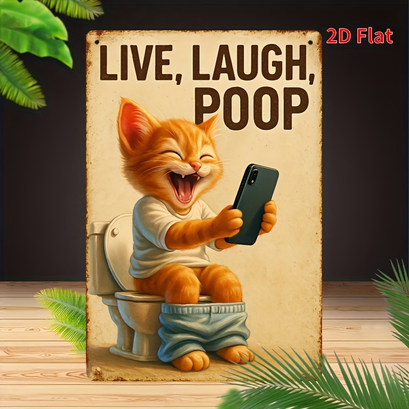 Embroidery Water - Funny Cat on Toilet Metal Wall