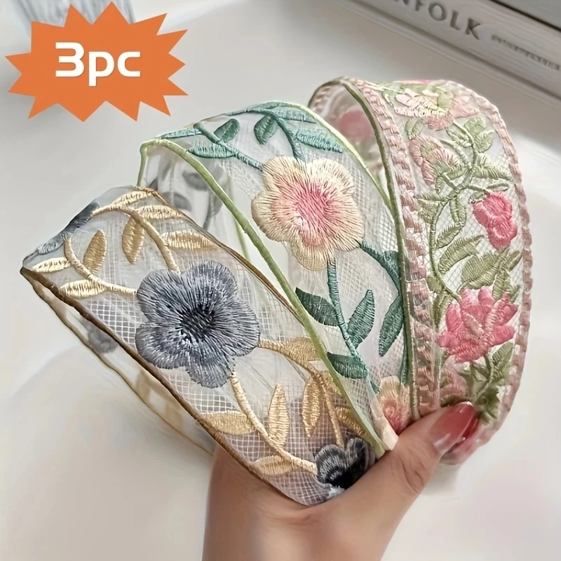 Embroidery Hooping - 1/3pcs Elegant Chiffon Embroidery Flower Hairband