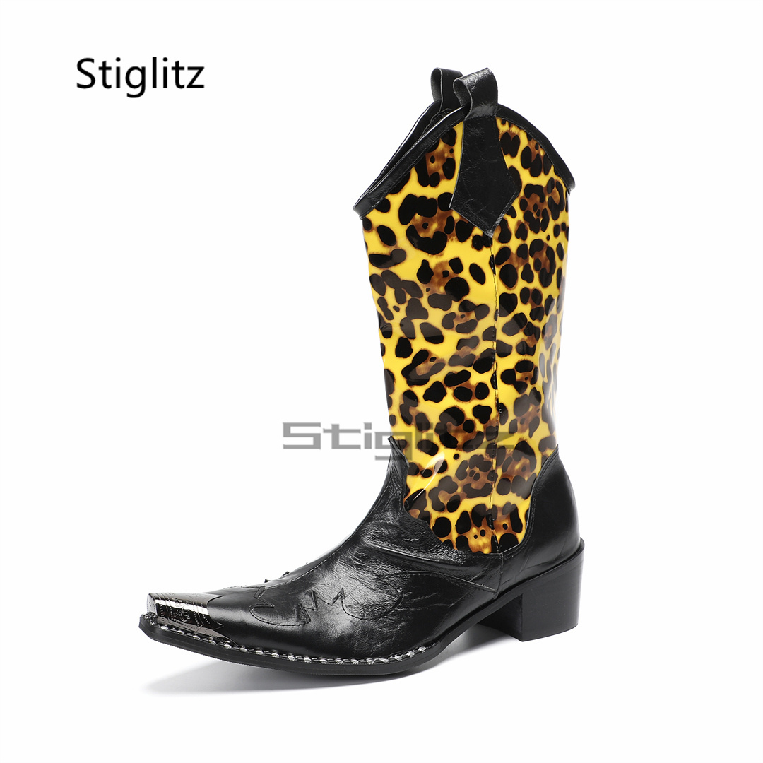 Embroidery On Leather - Men's Leopard Print Riding Boots Embroidery