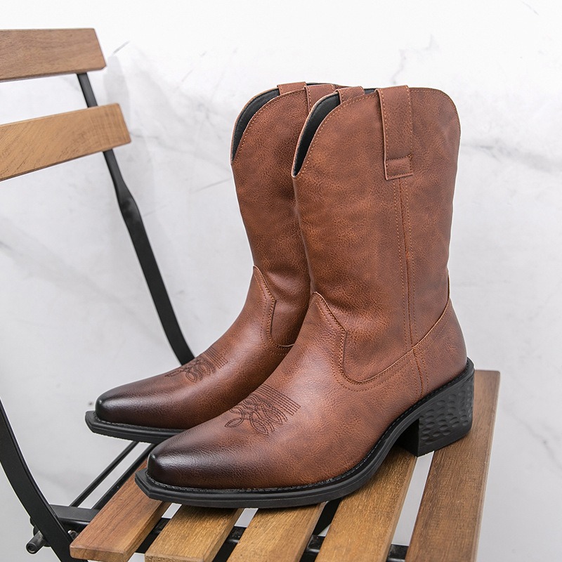 Embroidery On Leather - Men Boots Classic Embroidery Western Cowboy