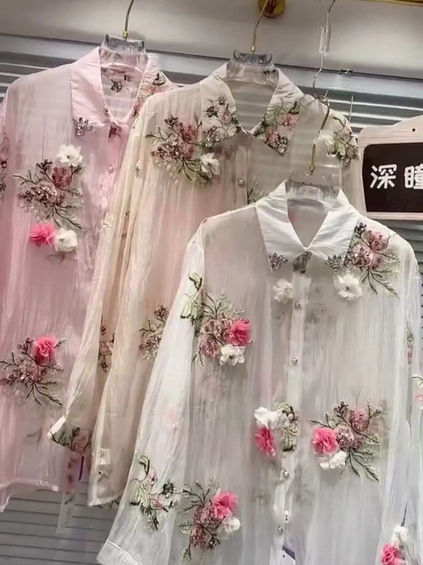 Embroidery On Shirt - Luxury Design Summer Sparkle Diamonds Flowers