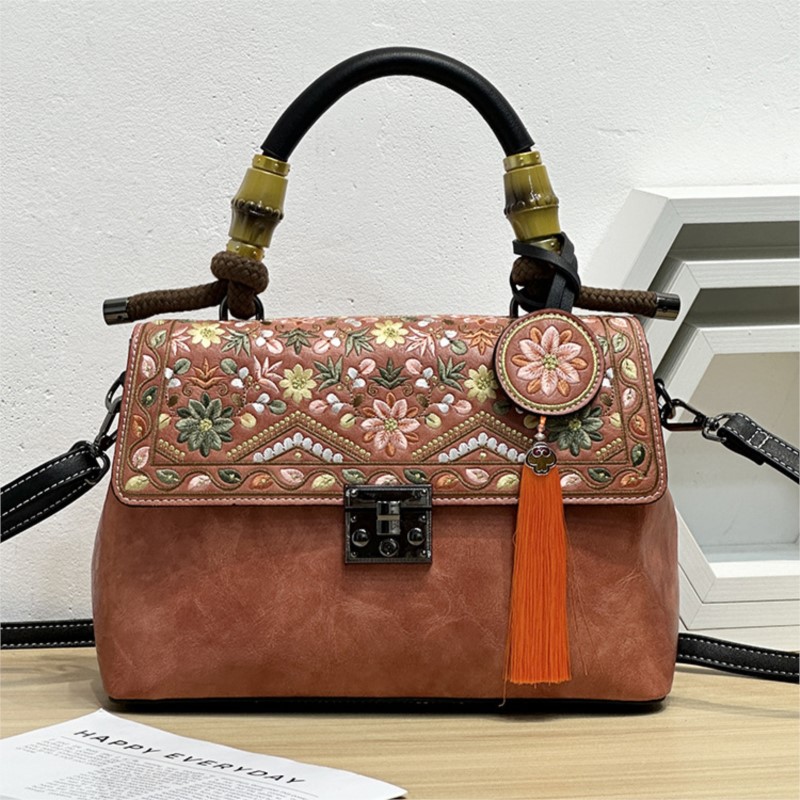 Embroidery On Leather - Johnature Embroidery Cheongsam Women Leather Bag