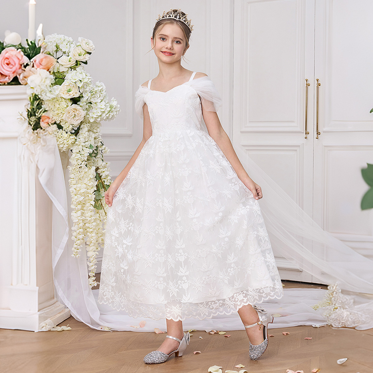 Embroidery White Dress - Elegant White Bridesmaid Party Girl Dress