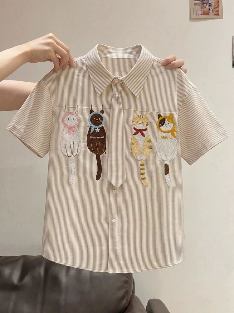 Cute Cartoon Tie Shirt Women L - Embroidery On Shirt review and price
