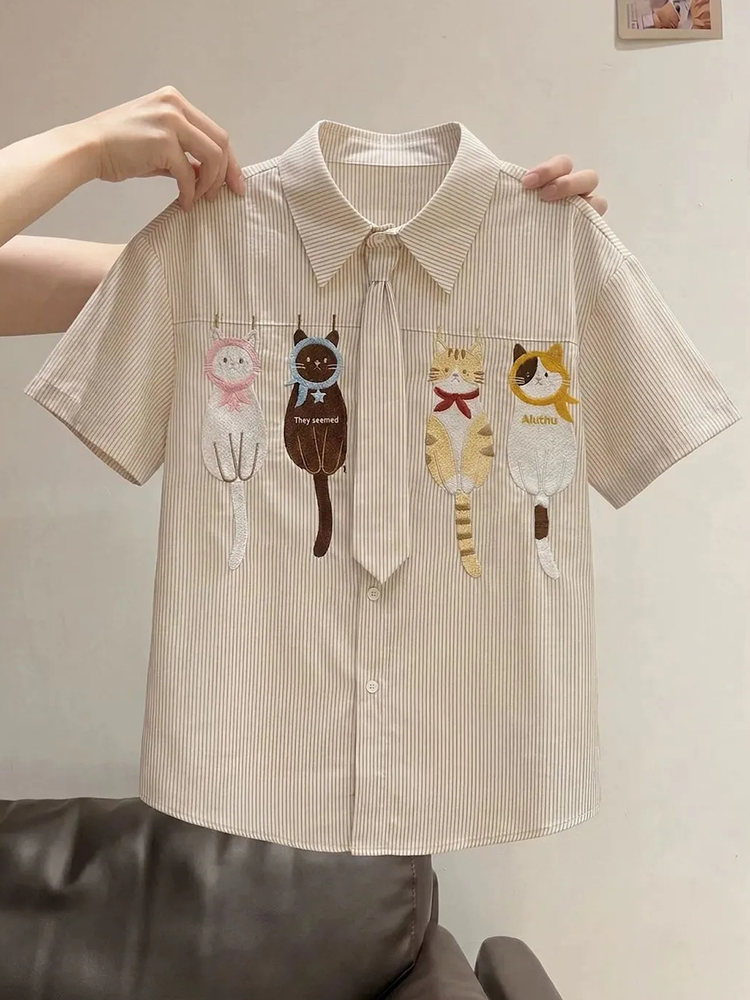 Cute Cartoon Tie Shirt Women L - Embroidery On Shirt review and price
