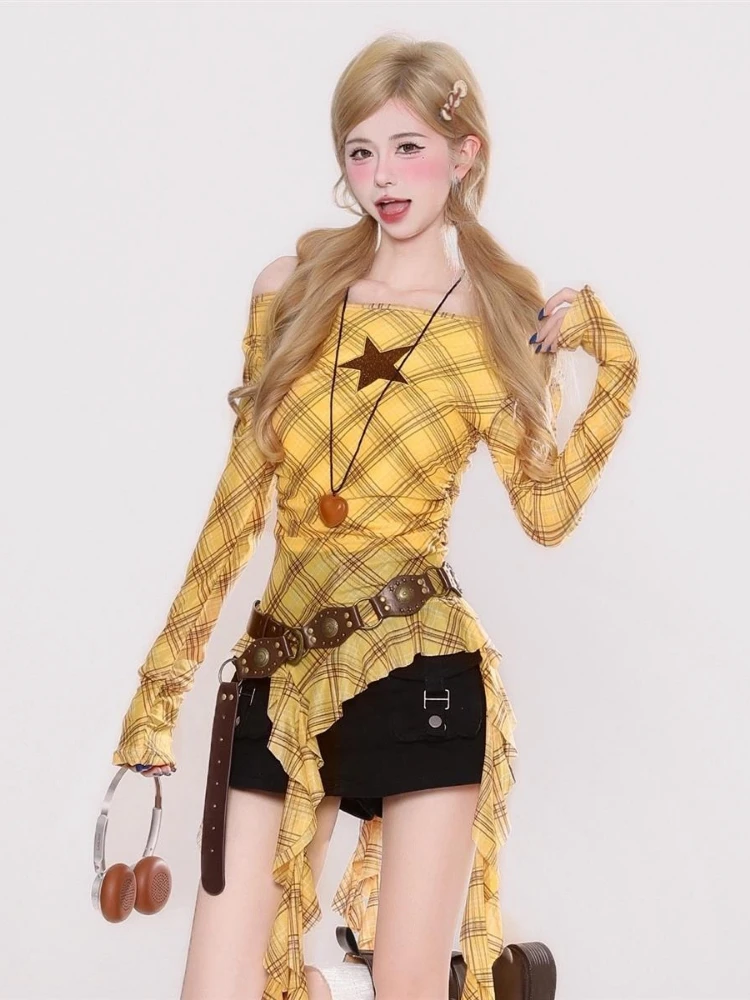 Y2K Plaid Slash Neck Vintage T - Embroidery Origin review and price
