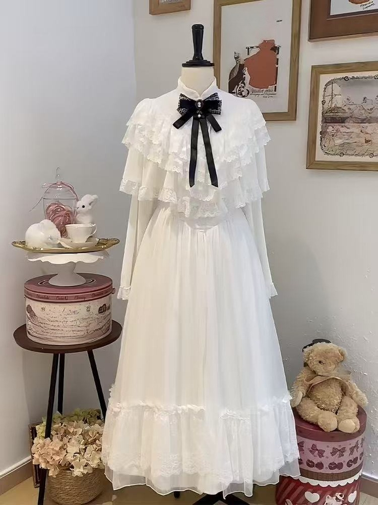 Japanese Short Sleeve Bow Lace - Embroidery White Dress review and price