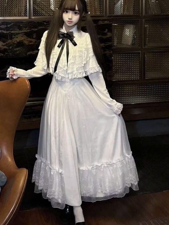 Japanese Short Sleeve Bow Lace - Embroidery White Dress review and price