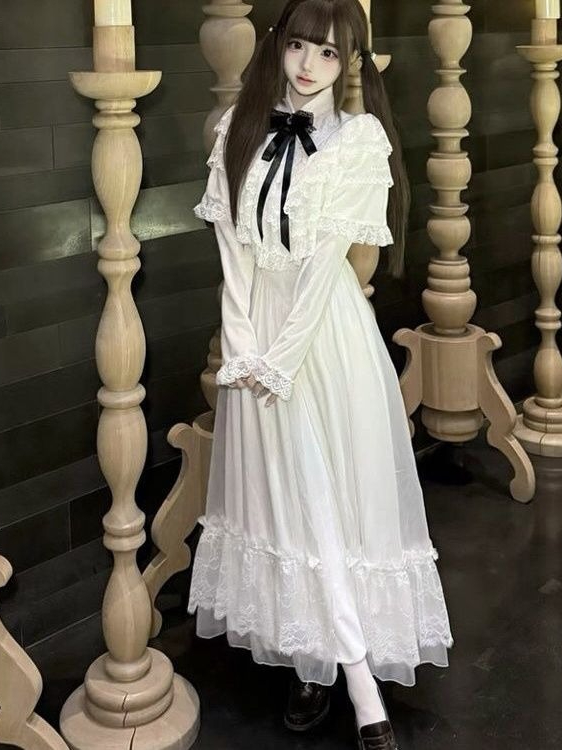 Japanese Short Sleeve Bow Lace - Embroidery White Dress review and price